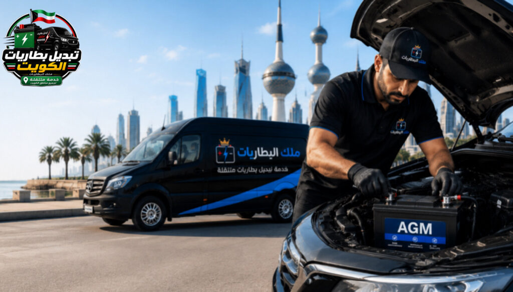 تبديل بطارية السيارة في الكويت بخدمة متنقلة 24 ساعة مع فحص البطارية والدينمو وتركيب بطاريات AGM وEFB لجميع السيارات من ملك البطاريات.